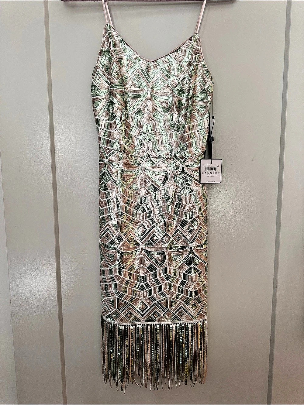 Laundry by Shelli Segal Geometric Fringe Maxi Dress Pink & Green Size 3 NWT